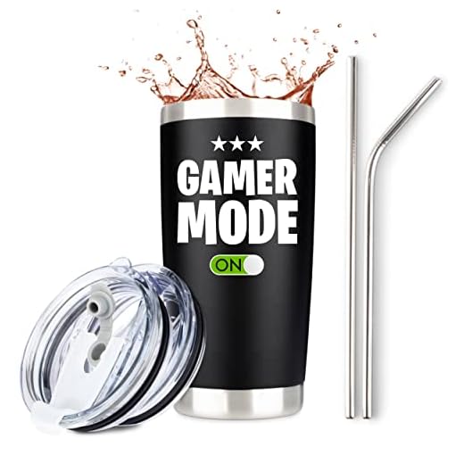 Gamer Gifts for Men - Gamer Mode ON - Stainless Steel Tumbler for Coffee/Cold Drinks w Lid and 2 Straws | Gift Idea Gamer Cup For Valentines Day Fathers Day - Video Gamer Mug Boys (20 Ounce Black)
