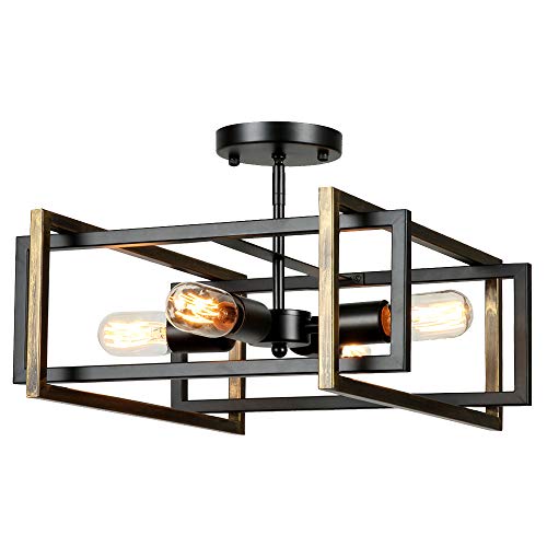 Lampundit Rustic Industrial Flush Mount Light Fixture 4-Light Metal Square Flush Mount Ceiling Light for Hallway Living Room Bedroom Kitchen Entryway Farmhouse, Black