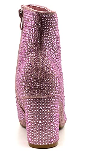 Women Rhinestone Block Chunky Heel Ankle Bootie Iceberg 12 By Forever shoes Pink Size 8.53