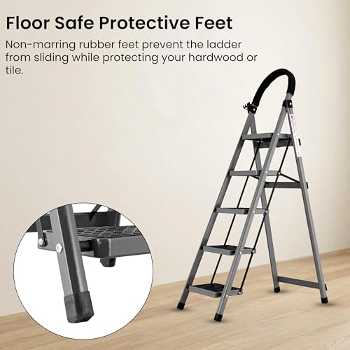 Image of Casa Copenhagen Grey 5 Step Ladder for Home Use with Built-in Tool Tray | Heavy Duty D Shape Rods | Ultra Large Platform | Wide Rubber Feet |150Kg Capacity Foldable Ladder - 7 Years Warranty