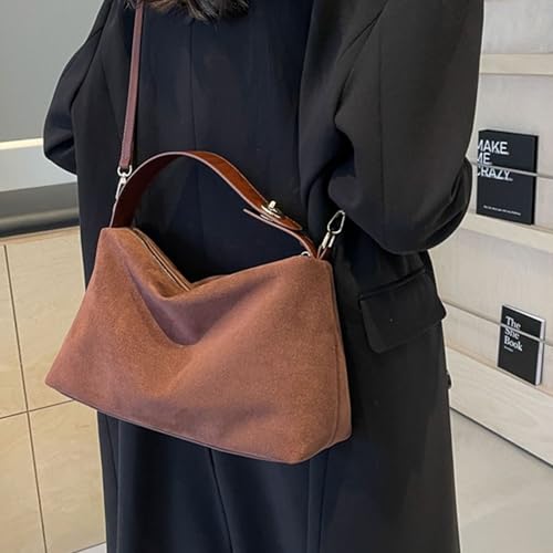 Suede Purse, Suede Bag 11 x 5 x 8 Slouchy Zipper Suede Tote Bag Dark Brown Suede Handbag with Adjustable Strap Lightweight Crossbody Shoulder Bag for Women Girls, Suede Tote Bag4