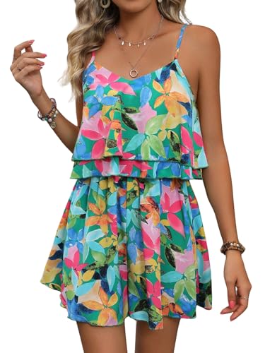 Floerns Women's Summer Boho Sleeveless Spaghetti Strap Ruffle Jumpsuit V Neck Cami Short Rompers Multicolor Large