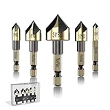 RoViar Countersink Drill Bit Set, 5-Piece HSS High Speed Steel Bits 1/4' 3/8' 1/2' 5/8' 3/4' Hex Shank for Wood Metal Deburring Chamfering, Gold Black Finish