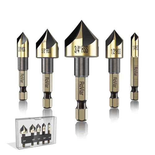 RoViar 82 Countersink Drill Bit Set 5-Piece HSS Countersink Bits 1/4 Quick-Change Hex Shank with Storage Case for Deburring & Chamfering on Wood Plastic PVC Aluminum & Brass
