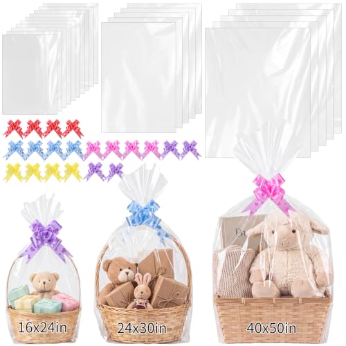 Image of woric 3 Size Clear Cellophane Gift Bags 40x50 24x30 16x24in with Pull Bows