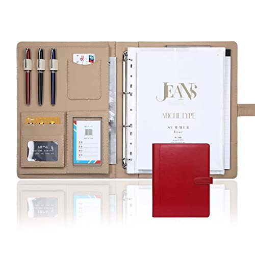 メモ帳付きA4会議フォルダー、 A4 ポートフォリオバインダー PUレザー メモ帳 3リングバインダー オーガナイザーフォルダー マルチカラー 複数オプション(Red,No calculator)