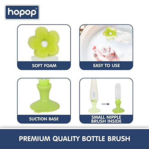 Image of Hopop Bottle Cleaner Brush | Baby Feeding Bottle Cleaning Brush & Nipple Cleaner Brush | Soft Foam Head with Durable Bristles | Easy to Clean Feeding /Water Bottle Corners | BPA Free | Green