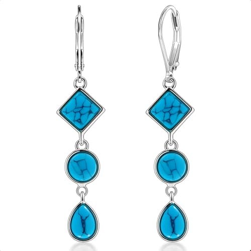 ALEXCRAFT 925 Sterling Silver Dangle Earrings for Women Trendy Hypoallergenic Lightweight Statement 14k Gold Plated Boho Turquoise Jewelry Long Teardrop Round Square Leverback Earrings for Women