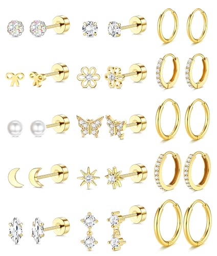 LOLIAS 14K Gold Plated Flat Back Earrings - Hypoallergenic Surgical Stainless Steel Stud Hoop Earrings for Women Girls Cute Stud Earring Set Small Huggie Hoops Cartilage Earring Stacks