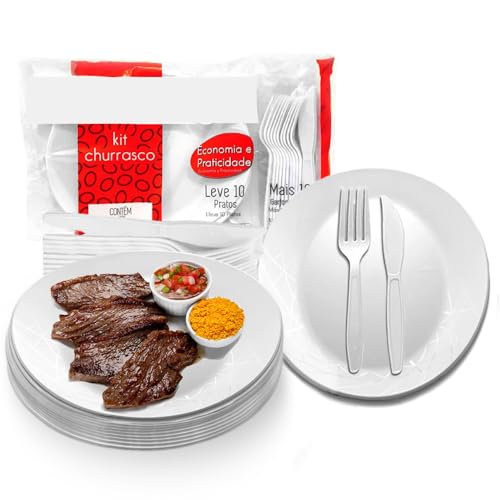 Kit Churrasco, Prafesta, Descartável, 10 Pratos, 10 Garfos e 10 Facas, Branco