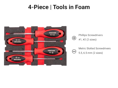 Image of TEKTON Phillips and Slotted Screwdriver Set, 4-Piece | DWZ90604 | 4 Inch Shanks, P1 - 2, 5.5 - 6.5 mm, Mini Stacking Tool Box