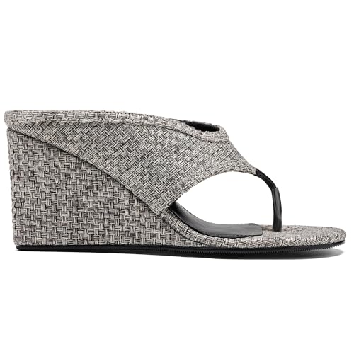 Image of Women's Wedges Heeled Slippers Fabric Heels Slip on Comfy Evening Dress Woven Sandals Square Toe Shoes for Women 3.3 inch Heels