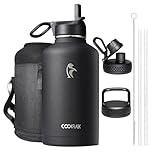Coolflask Insulated Water Bottle 2L - 3 Lids with Straw & Spout & Handle, Leakproof Vacuum Stainless Steel Water Bottle for Sports, Travel, Gym, 48H Cold & 24H Hot, BPA Free, Black
