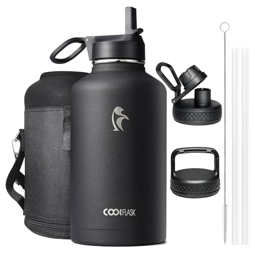 Botella de agua isotérmica de 2L, Coolflask Botella de agua con pajita y 3 tapas, Botella de agua fría y caliente de acero inoxidable con doble aislamiento al vacío y a prueba de fugas, Negra