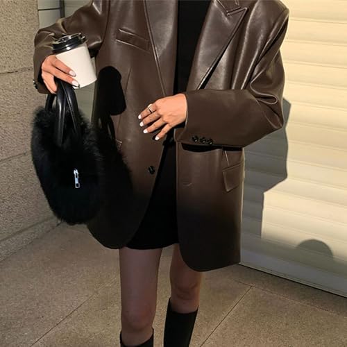 JEKE-DG Women's Blazer Collar Fuax Leather Coat Button Down Mid-Length Coat Jacket Fashion Outdoor Spring Fall Coats3