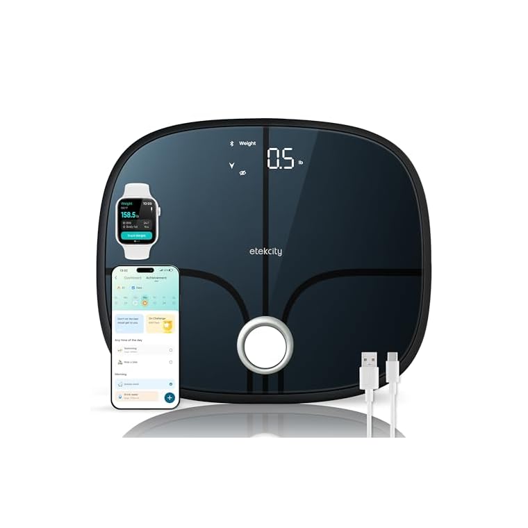 Etekcity Smart Rechargeable Scale for Body Weight, BMI, Fat, Muscle Mass, FSA HSA Eligible, Digital Bathroom Scale with 13 Metrics, Secret Mode, Bluetooth Connect to Free Apps, Stealth Black