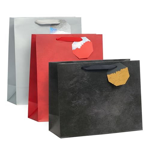 UK Greetings | Multipack of 3 Large Gift Bags for Him/Her/Friend | Christmas Gifts | New Year | Red, Silver & Black Design | 26.7 x 33 x 13.7 cm