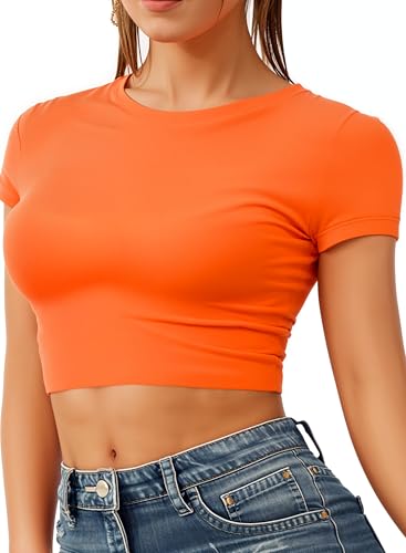 Re Tech UK - Women's Basic Ladies Short Sleeve Stretchy Crop Tops for Women, Slim Fit Crew Neck, Cropped T Shirt, Summer, Cute, Tshirt, Sizes 8-14 (S/M 8-10, Orange)