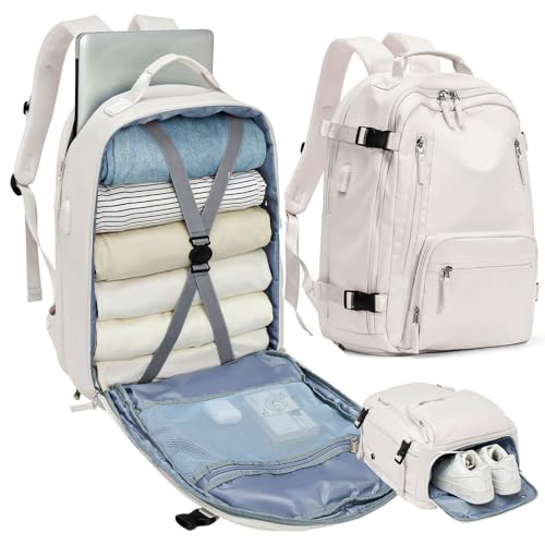 Travel Backpack for Women Men, Waterproof Carry on Backpack for Flight Approved Personal Item Bag, Business Laptop Backpack with USB Charging for Hiking Gym with Shoe Compartment Casual Daypack White