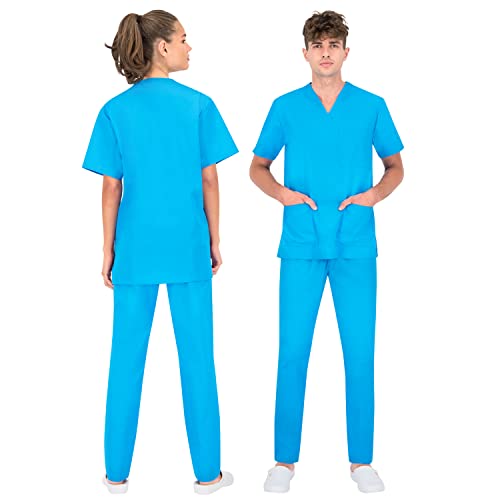 B-well COLOMBO Unisex-Schrubb-Set Schlupfkasack + Schlupfhose Set Medizin Arzt Uniform Schlupfjacke Oberteil mit Hose Medizinische Berufsbekleidung - Dicker Stoff (M, Hellblau)