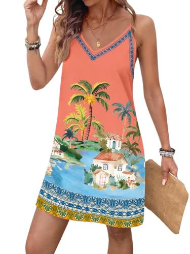 Image of RoseSeek Women's Summer Boho Floral Tropical Mini Dresses V Neck Spaghetti Strap Flowy Beach Vacation Sundress 2026