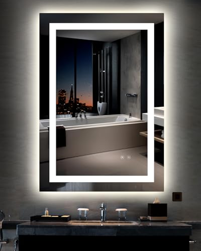 Ensenior LED Bathroom Mirror 30"x 36" with Front and Backlight, Stepless Dimmable Wall Mirrors with Anti-Fog, Shatter-Proof, Memory, 3 Colors, Modern LED Vanity Mirror-FCC