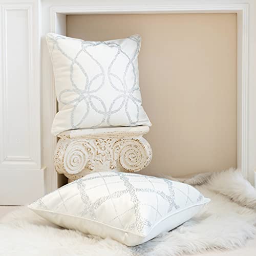 Melody Art Sparkly Throw Pillow Cover With Bling Off White Cream Ivory Satin Decorative 18X18 Embellished With Rhinestones Diamonds Crystals Jewels Glitter Shimmer Hidden Zipper Luxury Handmade #TOP2