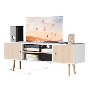 Cozy Castle TV Stand for 48”-55”TV, Mid Century Modern TV Console, Entertainment Center with 2 Storage Cabinets, Adjustable Shelf and Power Outlets for Living Room, Bedroom and Office, Oak