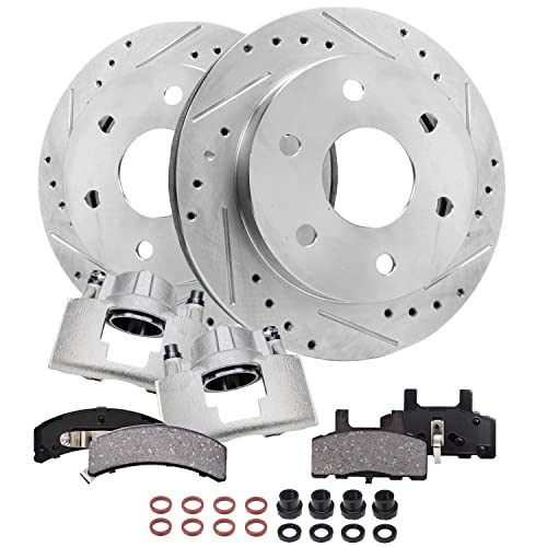 Image of Detroit Axle - Front Drilled Rotors Brake Calipers Ceramic Brake Pads | Replacement for Chevrolet GMC K1500 K2500 Pickup Tahoe - 6pc Set