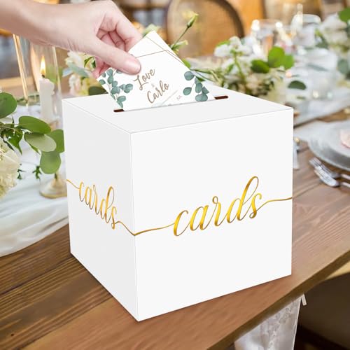 Image of 1 Pack White and Gold Foil Card Box for Party, 8.7 inch White Gift Card Box for Birthday, Wedding, Baby Shower, Retirement, Anniversary, Bridal Shower, Graduation, Raffle Ticket