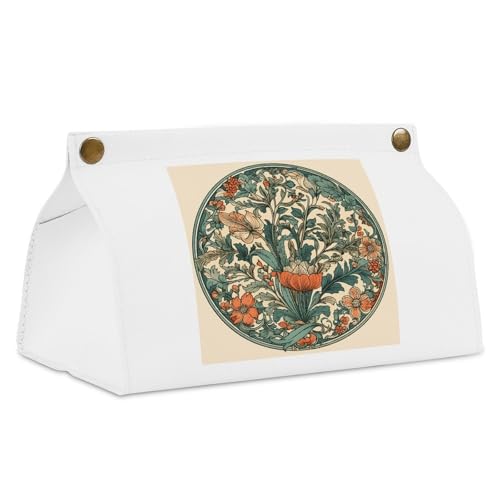 Green Floral Pattern White Tissue Box Cover Rectangle PU Leather Cover for Tissue Boxes Modern Tissue Holder for Bathroom Office Tissue Holders Decorative Cute Napkin Holder for Kitchen Bedroom