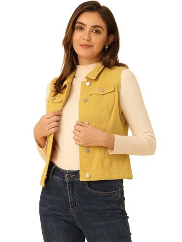 Veste en jean délavé jaune avec poches à rabat boutonnées Allegra K