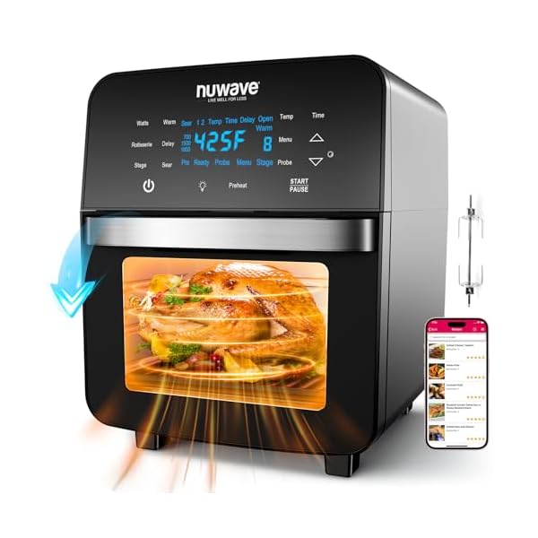 Nuwave Brio 15.5Qt Air Fryer Toaster Oven & Rotisserie Kit, 2024 New Advanced Turbo Convection Tech, Healthy PFAS Free, Max Even & Crisp, Powerful 1800W, 50-425°F, 150 Presets, Smart Probe, 4 Rack