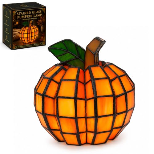PETIGL Stained Glass Pumpkin Lamp Warm Fall Halloween Table Decor (1Pcs)