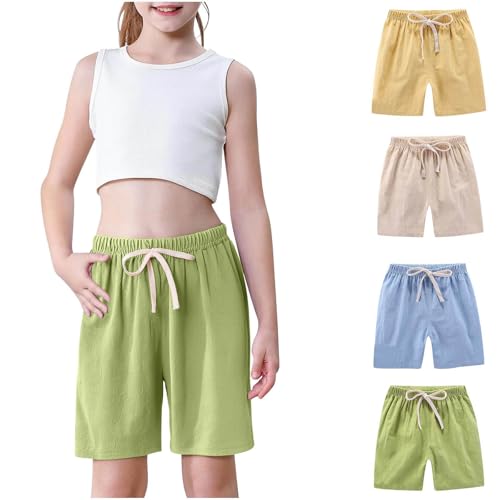 4-Pack Girls Cotton Linen Shorts Casual Kids Comfy Elastic Waist Loose Summer Beach Shorts with Pockets for 2-12 Years3
