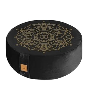 Embroidered Meditation Pillow D=16″ H=5.5″ Round Velvet Meditation Cushion Yoga Bolster Floor Pouf Zafu Natural Buckwheat hulls Sitting on Floor Removable Organic Cotton Cover Large Kneeling Pillow