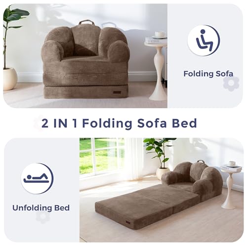 Image of MAXYOYO Folding Sofa Bed, Floral-Shaped Convertible Floor Sofa Couch withBackrest, 2 in 1 Comfy Lounger Bean Bag Chair with Handle, Floor Single Couch for Living Room Bedroom, Brown