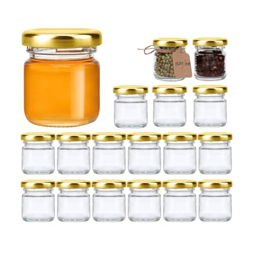 Image of Glassbunny 1 oz Mini Glass Honey Jars, 18 Pack 33gm Clear Canning Jars with Gold Lids Perfect for Baby Shower, Wedding Party Favors, Jam Jars