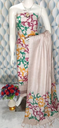 Image of Katan Slub Silk Unstitched Salwar Suit Dress Material for Women & Girls with Dupatta | Madhubani Screen Print | Top-2.5M, Bottom-2.5M, Dupatta-2.4M | Ethnic Wear | Code 243