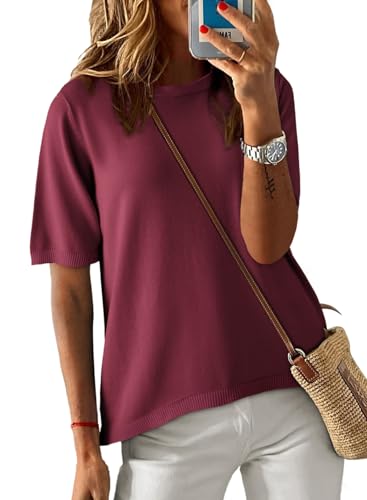 Image of Dokotoo Womens Tops 2026 Casual Summer Crewneck Short Sleeve Striped Color Block Knit High Low Trendy Pullover Sweaters