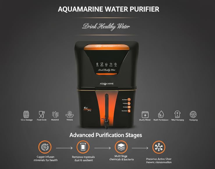 Image of Aqua Marine 4 in 1 Copper RO Water Purifier with 10 Stage Purification Filtration, UV, UF, TDS Adjuster and 12 Liter Large Storage Tank, Suitable for all type of water supply