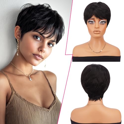 PEACOCO Pixie Cut Wig Human Hair Short Wigs for Black
