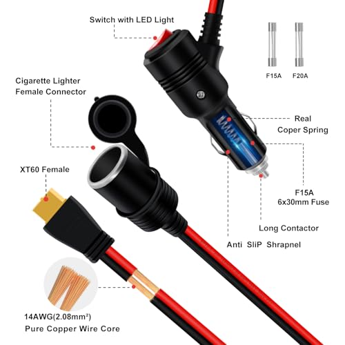 HuaLiSiJi Przedłużacz do Gniazda Zapalniczki z Przełącznikiem,14AWG 12/24V,XT60 Rozgałęźnik z Wtykiem i Gniazdem Gniazda Zapalniczki,do Instalacji Solarnych, Samochodowych i Motocyklowych (14AWG, 1 m)