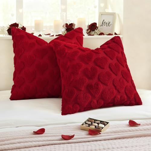 Image of decorUhome Valentine's Day Soft Plush Throw Pillow Covers 18x18 Inch Set of 2, Faux Fur Red Heart Decoration Neutral Square Pillow Covers for Couch Sofa Bed Cozy Farmhouse Holiday Decor