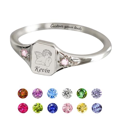 In Loving Memory with Wing Custom Name Ring Personalized Birthstone Rings for Women Personalized Engraved Ring with Angel Wing Memorial Rings Gifts for Loss of Loved One Mom Dad