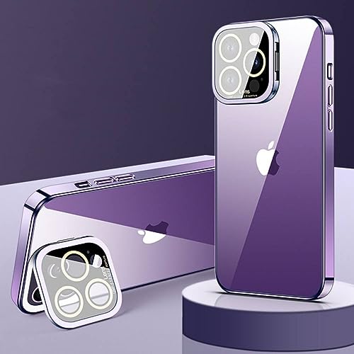 Coque iPhone 14 Pro Max transparente avec protège-objectif violet et support