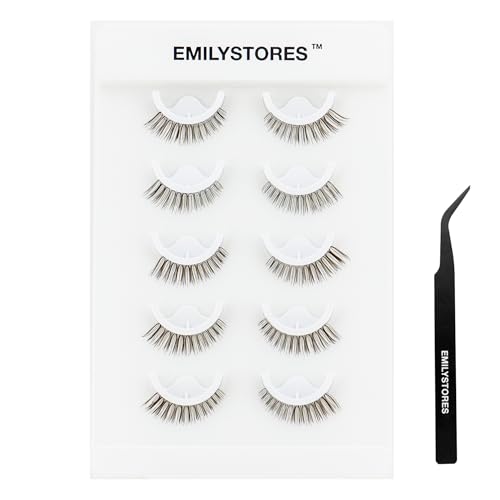Brown Lashes Pre-Glued Self Adhesive Eyelashes, Natural Press on Lashes Reusable, With Tweezer Applicator 5 Pairs (DLP08)