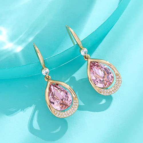 Austrian Crystal Halo Teardrop Hollow Drop Dangle Earrings For Women 14K Rose Gold Plated Hypoallergenic Jewelry (Pink) #TOP7