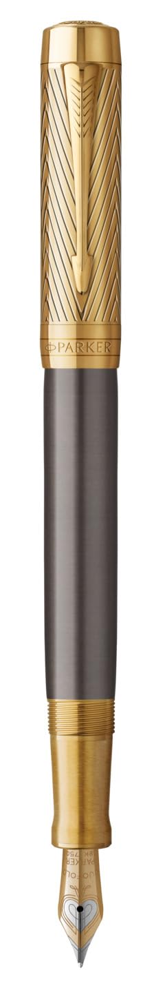 Parker Duofold Stylo plume | Collection Pioneers | Laque grise avec capuchon et finitions or | Plume fine en or massif | Encre noire | Coffret cadeau