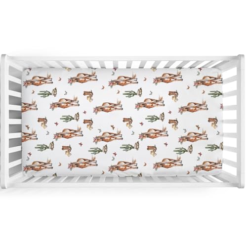 Image of Watercolor Cowboy Horse Floral Baby Crib Sheet 52''x28'' Western Cowboy Boots Hats Cactus Stretchy Fitted Crib Mattress Cover for Boy Girl Wild Soft Baby Sheets for Standard Crib Toddler Mattress